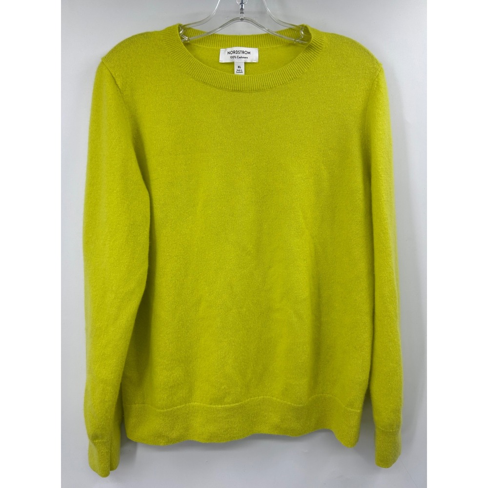 Nordstrom 100% Cashmere Crewneck Sweater XL Chartreuse Lime Green Long Sleeve
